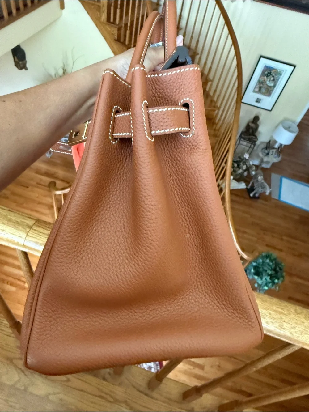 Pebbled Leather Togo  Top-Handle Satchel in gold on gold with Scarf accent 30CM